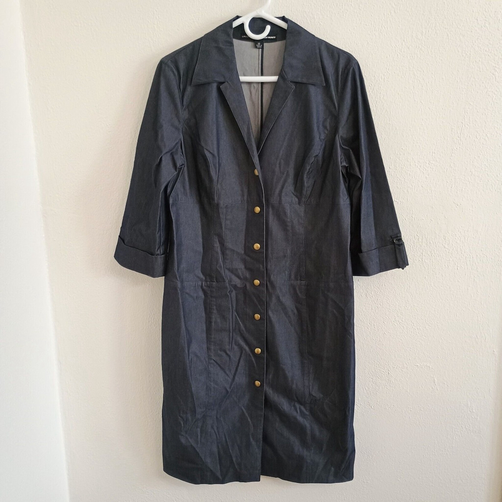 Vintage Linda Allard Ellen Tracy Utility Shirt Dress 3/4 Sleeve Gold Button Sz12